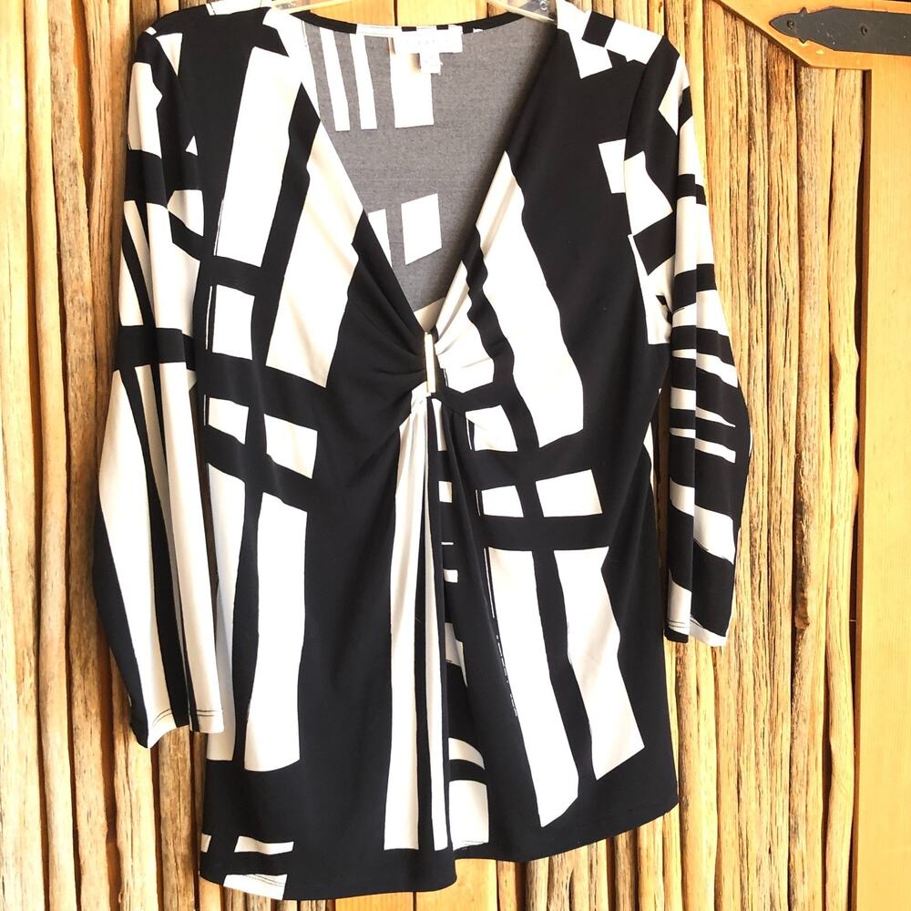 Calvin Klein Woman's Blouse Black White Geometric Print Size Med - Picture 2 of 4